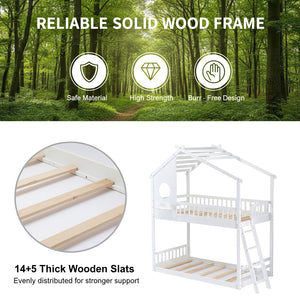 Sweetcrispy Low-Profile Twin House Bunk Bed with Side Ladder and Built-In Shelf