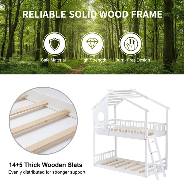 Sweetcrispy Low-Profile Twin House Bunk Bed with Side Ladder and Built-In Shelf