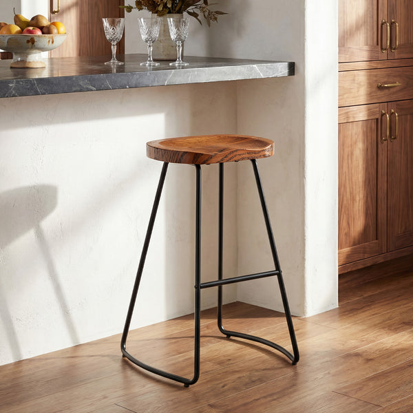 Sweetcrispy Wooden Counter Height Bar Stool with Metal Frame & Footrest