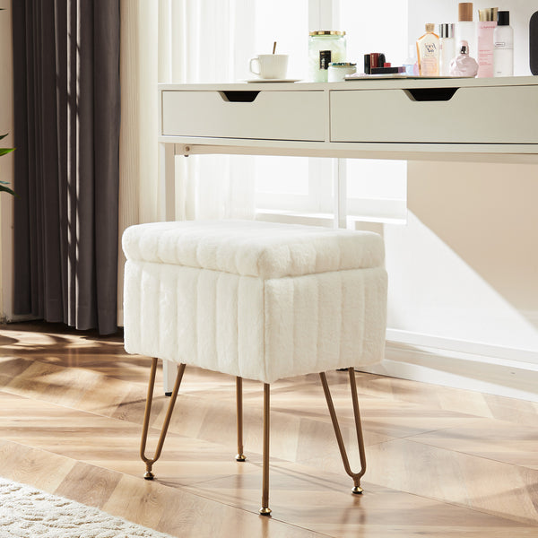 Sweetcrispy Vanity Stool Chair with 4 Metal Legs Anti-Slip Adjustable Feet, Faux Fur Seat, Storage Space