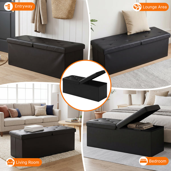Sweetcrispy Storage Ottoman Bench with Dual Flip Lid, Faux Leather Entryway Bench for Living Room and Bedroom