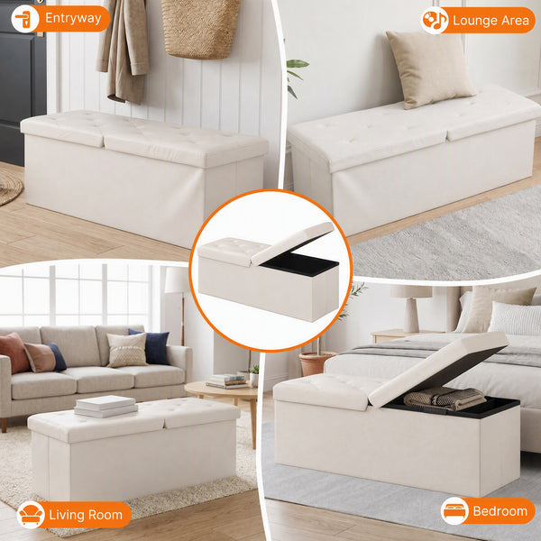 Sweetcrispy Storage Ottoman Bench with Dual Flip Lid, Faux Leather Entryway Bench for Living Room and Bedroom