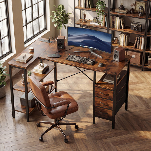 Sweetcrisppy L-Shaped Computer Desk with 3 Drawers and Power Outlets