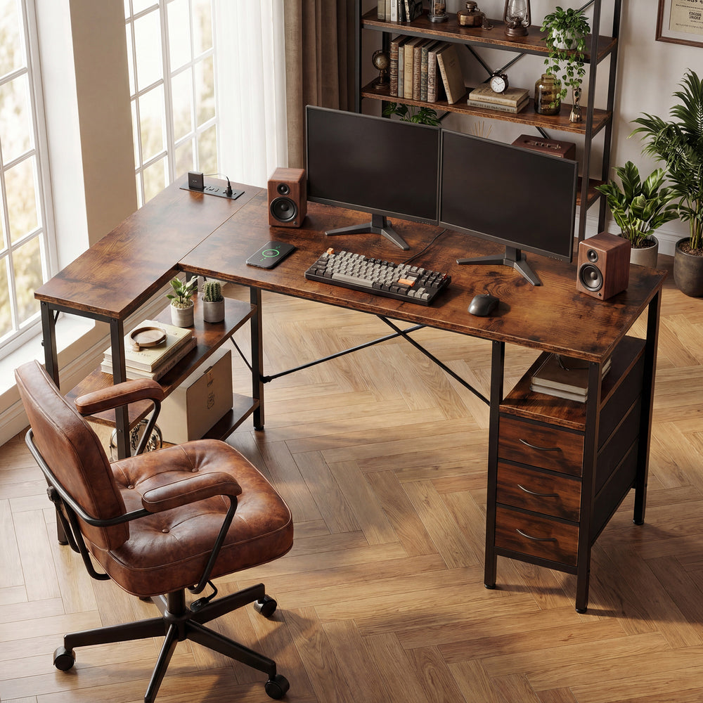 Sweetcrisppy L-Shaped Computer Desk with 3 Drawers and Power Outlets