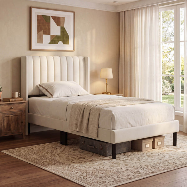 Sweetcrispy Upholstered Platform Bed Frame，Modern Accent Indoor Bedroom Furniture