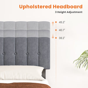 EDX Platform Bed Frame, Fully Upholstered Mattress Foundationwith Fabric Upholstered Headboard and Wooden Slats Support, No Box Spring Needed, Grey