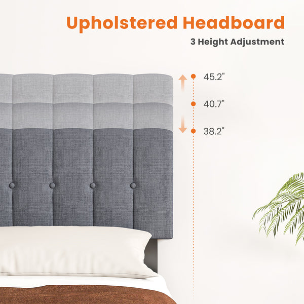 EDX Platform Bed Frame, Fully Upholstered Mattress Foundationwith Fabric Upholstered Headboard and Wooden Slats Support, No Box Spring Needed, Grey