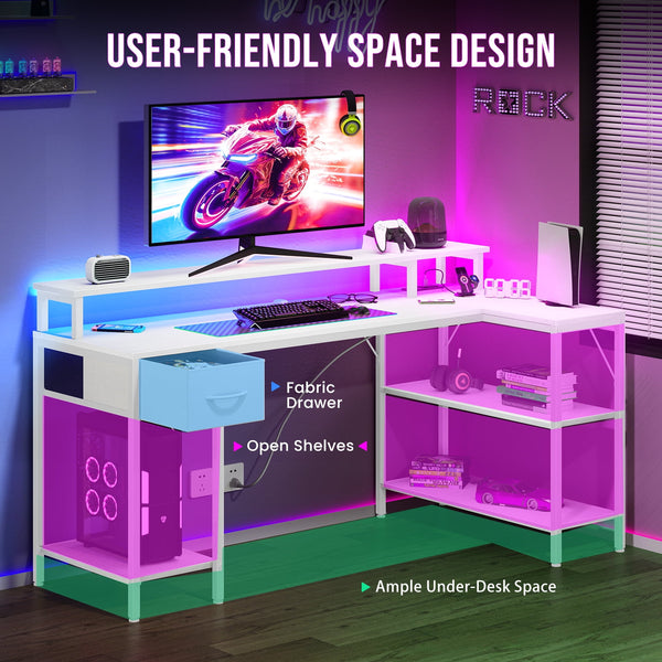 Sweetcrispy L Shaped Computer Gaming Desk with USB Charging Ports & LED Lights, Reversible Corner Table with Power Outlets Monitor Stand for Home Office