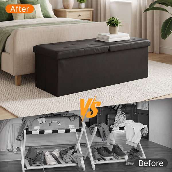 Sweetcrispy Storage Ottoman Bench with Dual Flip Lid, Faux Leather Entryway Bench for Living Room and Bedroom