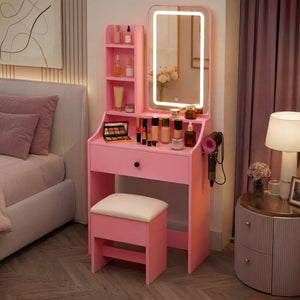 Sweetcrispy 24" Vanity Desk with Mirror, LED Makeup Vanity with 3 Light Modes & Power Outlet, Storage Drawers & Stool, Dressing Table for Bedroom