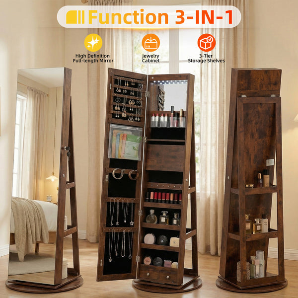 Sweetcrispy 360° Rotating Jewelry Cabinet with Round Rolling Swivel Base, Built-in Bright LED Lights, Large Capacity Space-Saving Vertical Jewelry Armoire
