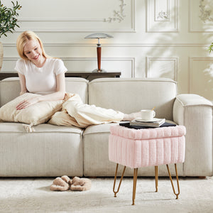Sweetcrispy Vanity Stool Chair with 4 Metal Legs Anti-Slip Adjustable Feet, Faux Fur Seat, Storage Space