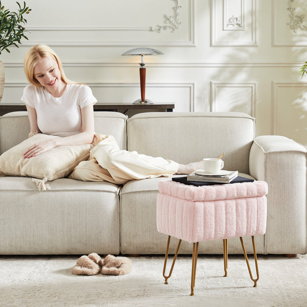 Sweetcrispy Vanity Stool Chair with 4 Metal Legs Anti-Slip Adjustable Feet, Faux Fur Seat, Storage Space