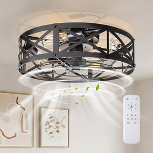 Sweetcrispy Farmhouse Caged Ceiling Fan with Light Flush Mount Fandelier Remote Dimmable LED for Bedroom Living Room Kitchen