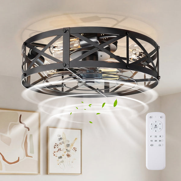 Sweetcrispy Farmhouse Caged Ceiling Fan with Light Flush Mount Fandelier Remote Dimmable LED for Bedroom Living Room Kitchen