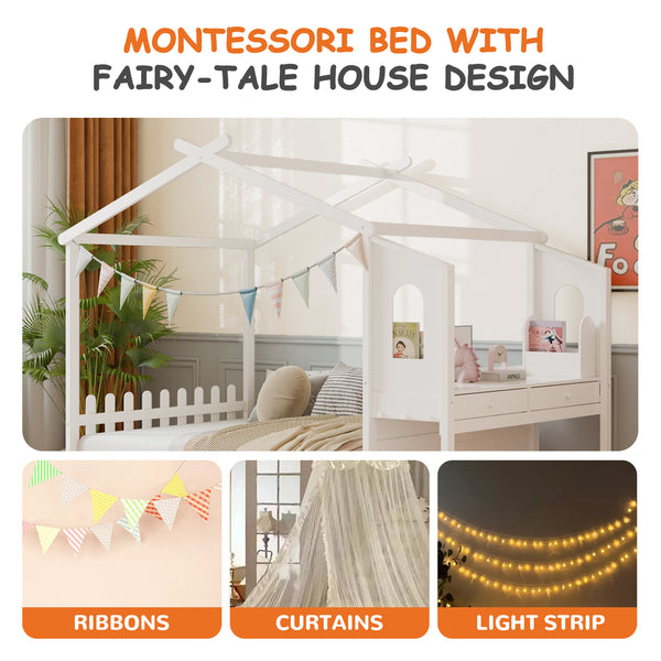 Sweetcrispy Wooden House Bed Frame with built-in Desk for Children, White