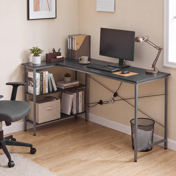 Sweetcrispy, L Shaped Computer Desk with Storage Shelves, Corner Office Desk