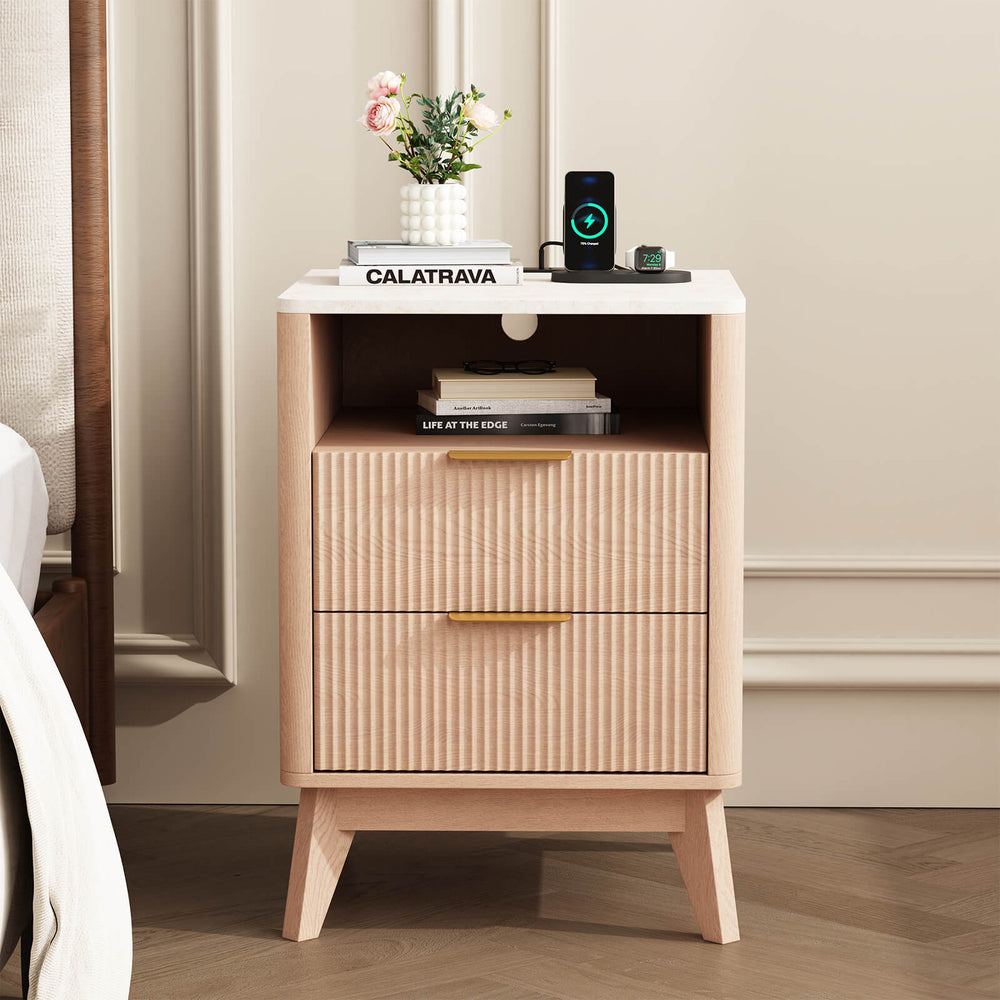 Sweetcrispy Wooden Nightstand with AC Outlets – Mid-Century Design