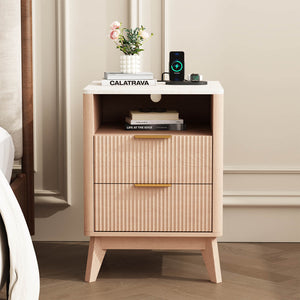Sweetcrispy Wooden Nightstand with AC Outlets – Mid-Century Design