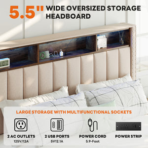 Sweetcrispy Upholstered Bed Frame with 4 Storage Drawers, Headboard, and Power Outlets