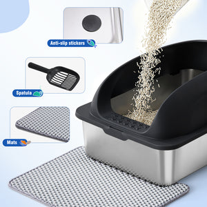 Sweetcrispy Stainless Steel Cat Litter Box with Scoop & Double-Layer Mat