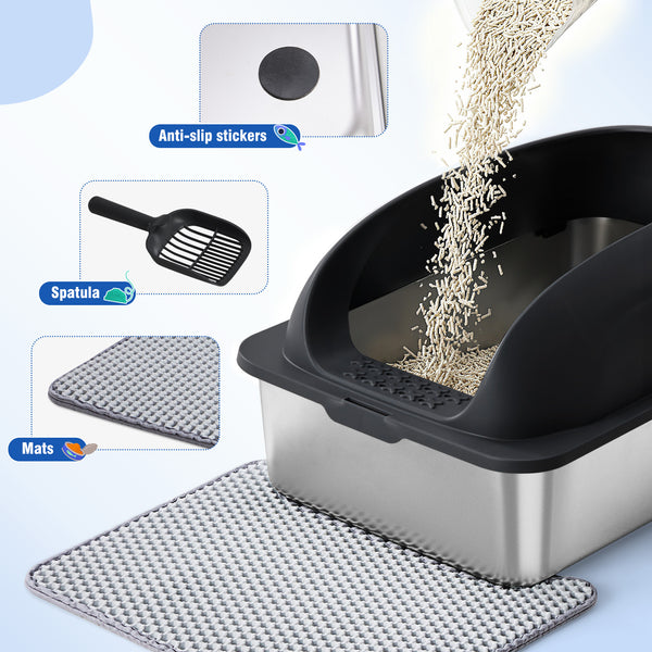 Sweetcrispy Stainless Steel Cat Litter Box with Scoop & Double-Layer Mat