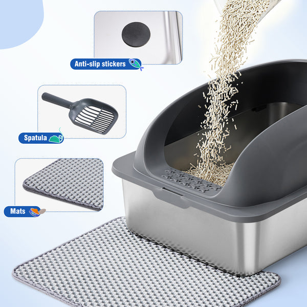 Sweetcrispy Stainless Steel Cat Litter Box with Scoop & Double-Layer Mat