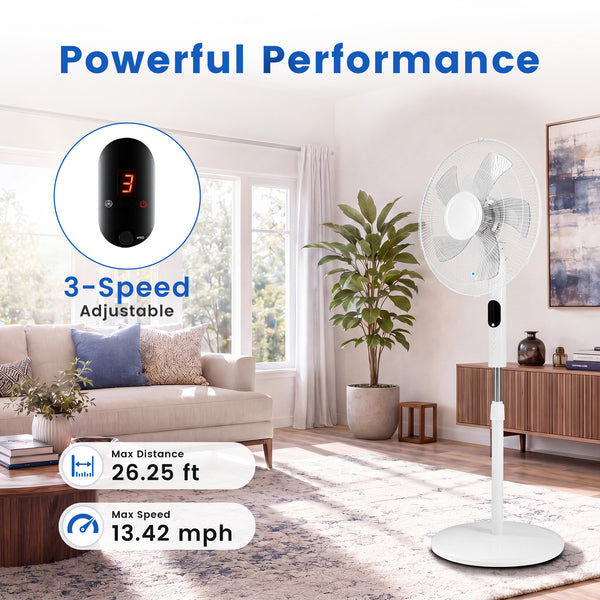 Sweetcrispy 16" Pedestal Fan with Remote, 3-Speed, 80° Oscillating, Height Adjustable, 15H Timer, Quiet Energy-Efficient