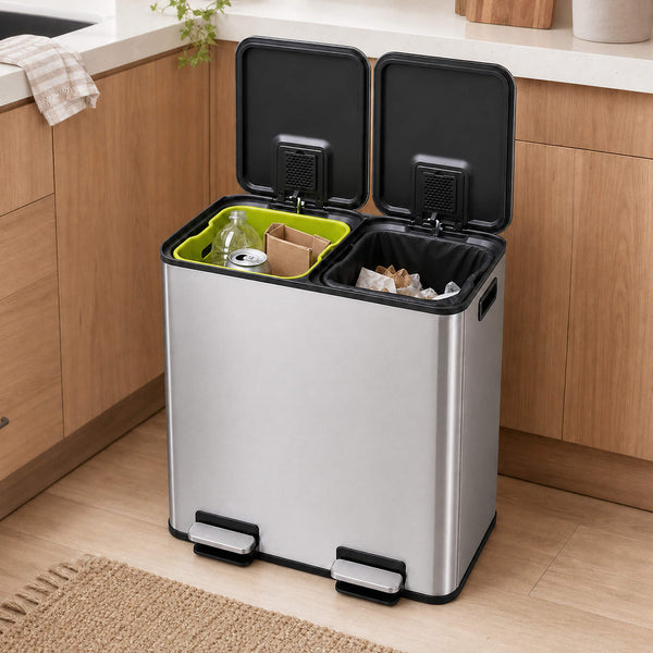 Sweetcrispy Double-Bin Stainless Steel Trash Can with Lid