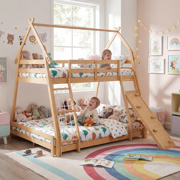 Sweetcrispy Bunk Bed Twin Over Full with Climbing Net & Ramp, Wooden Roof for Kids’ Bedroom