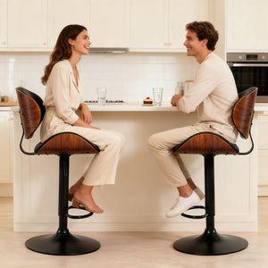 Sweetcrispy Adjustable Bentwood Bar Stools with PU Leather Upholstery and Footrest-Set of 2