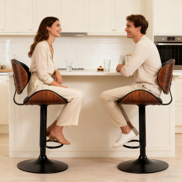 Sweetcrispy Adjustable Bentwood Bar Stools with PU Leather Upholstery and Footrest-Set of 2