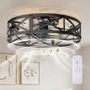 Sweetcrispy Farmhouse Caged Ceiling Fan with Light Flush Mount Fandelier Remote Dimmable LED for Bedroom Living Room Kitchen
