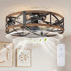 Sweetcrispy Farmhouse Caged Ceiling Fan with Light Flush Mount Fandelier Remote Dimmable LED for Bedroom Living Room Kitchen