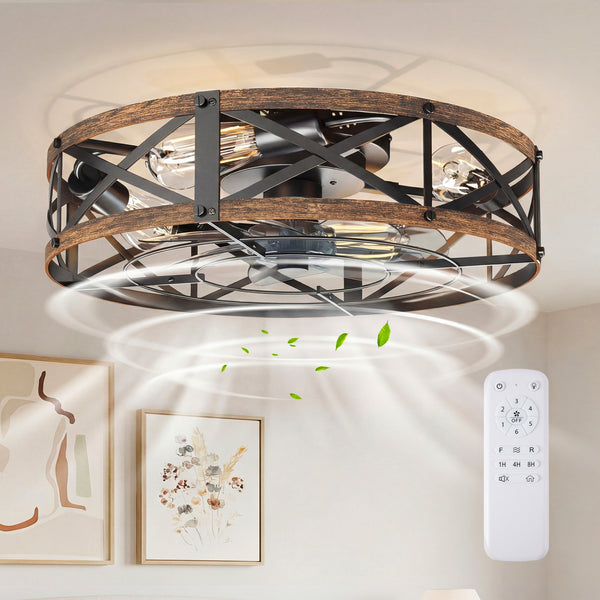 Sweetcrispy Farmhouse Caged Ceiling Fan with Light Flush Mount Fandelier Remote Dimmable LED for Bedroom Living Room Kitchen