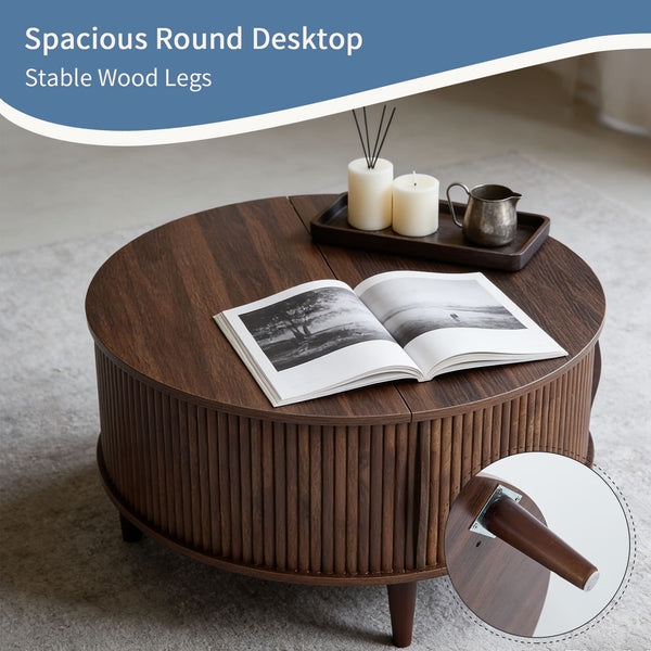 Sweetcrispy Round Flip-Top Coffee Table with Storage, Wood-Look Finish