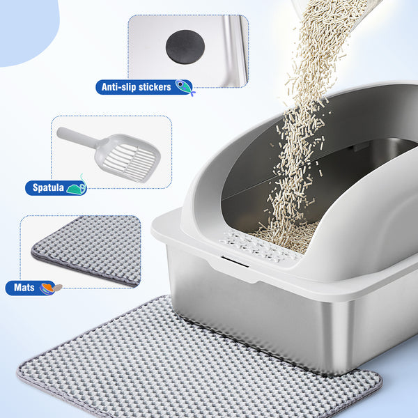 Sweetcrispy Stainless Steel Cat Litter Box with Scoop & Double-Layer Mat