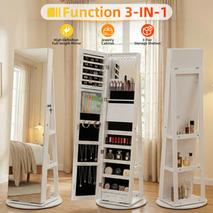 Sweetcrispy 360° Rotating Jewelry Cabinet with Round Rolling Swivel Base, Built-in Bright LED Lights, Large Capacity Space-Saving Vertical Jewelry Armoire