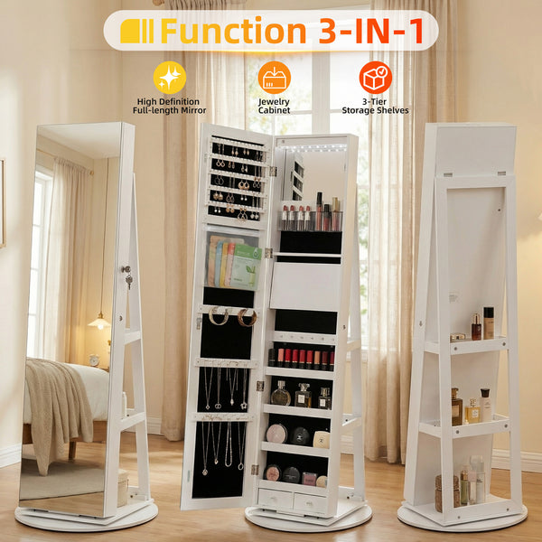 Sweetcrispy 360° Rotating Jewelry Cabinet with Round Rolling Swivel Base, Built-in Bright LED Lights, Large Capacity Space-Saving Vertical Jewelry Armoire