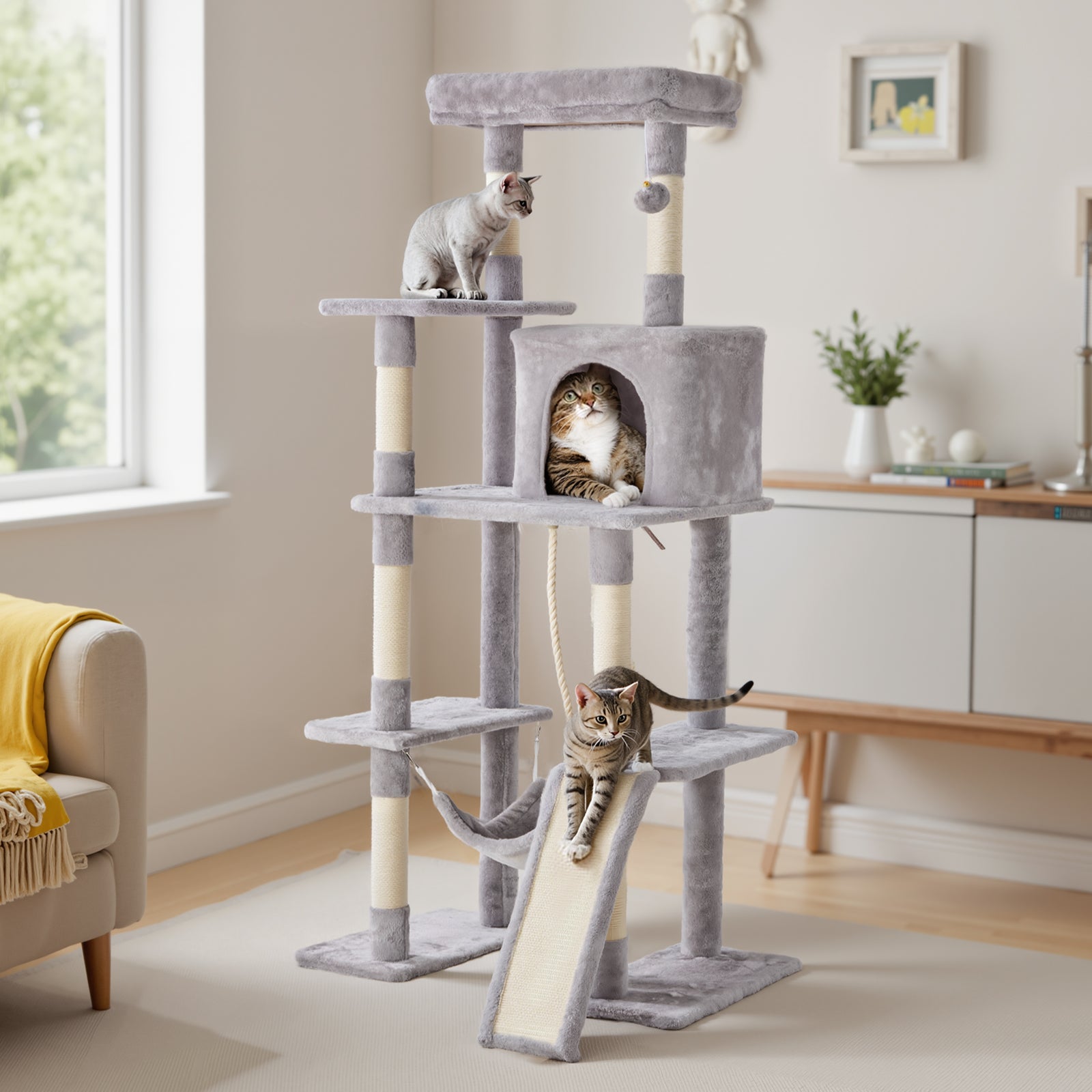 Sweetcrispy 63 Inch Plush Cat Tree Tower with Condo and Sisal Posts