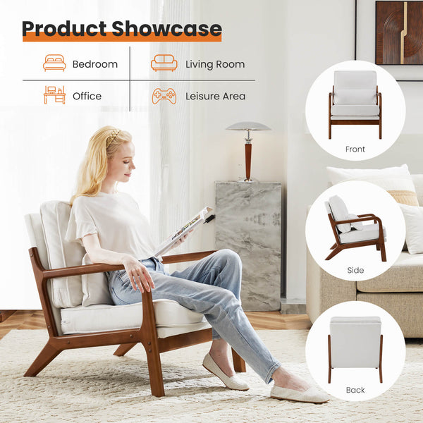 Side view of the cushioned lounge chair with dark wooden legs and rounded arms