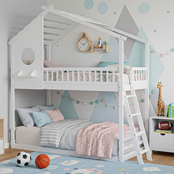 Sweetcrispy Low-Profile Twin House Bunk Bed with Side Ladder and Built-In Shelf