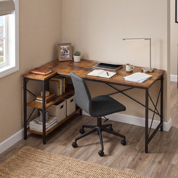 Sweetcrispy, L Shaped Computer Desk with Storage Shelves, Corner Office Desk