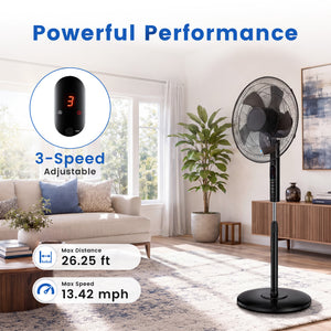 Sweetcrispy 16" Pedestal Fan with Remote, 3-Speed, 80° Oscillating, Height Adjustable, 15H Timer, Quiet Energy-Efficient