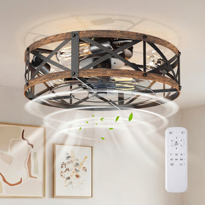 Sweetcrispy Farmhouse Caged Ceiling Fan with Light Flush Mount Fandelier Remote Dimmable LED for Bedroom Living Room Kitchen