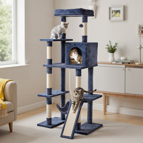 Sweetcrispy 63 Inch Plush Cat Tree Tower with Condo and Sisal Posts