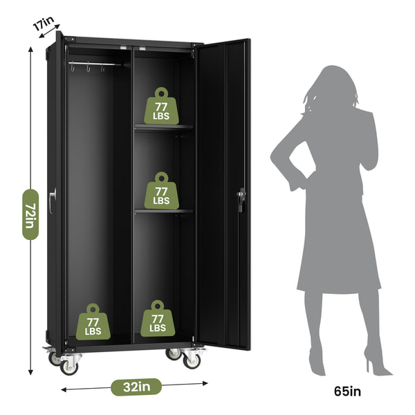 Sweetcrispy Lockable Metal Storage Cabinet with Wheels and Adjustable Shelves