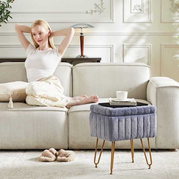 Sweetcrispy Vanity Stool Chair with 4 Metal Legs Anti-Slip Adjustable Feet, Faux Fur Seat, Storage Space