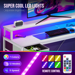 Sweetcrispy L Shaped Computer Gaming Desk with USB Charging Ports & LED Lights, Reversible Corner Table with Power Outlets Monitor Stand for Home Office