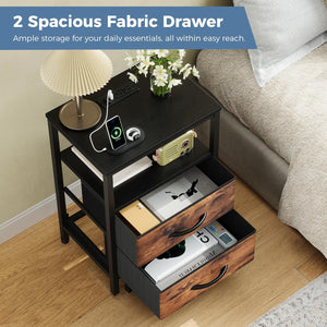 SWEETCRISPY 2-Drawer Nightstand with Charging Station, USB & Type-C Ports, Adjustable Fabric Drawers, Sturdy Metal Frame, Space-Saving Design for Bedroom & Living Room